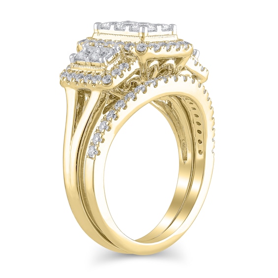 1-1/2 CT. T.w. Emerald Multi-Diamond Frame Three Stone Bridal Set in 10K Gold