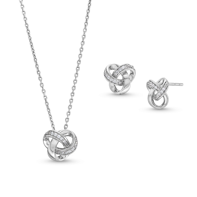 Main Image 1 of 1/10 CT. T.W. Diamond Loose Love Knot Pendant and Stud Earrings Set in Sterling Silver