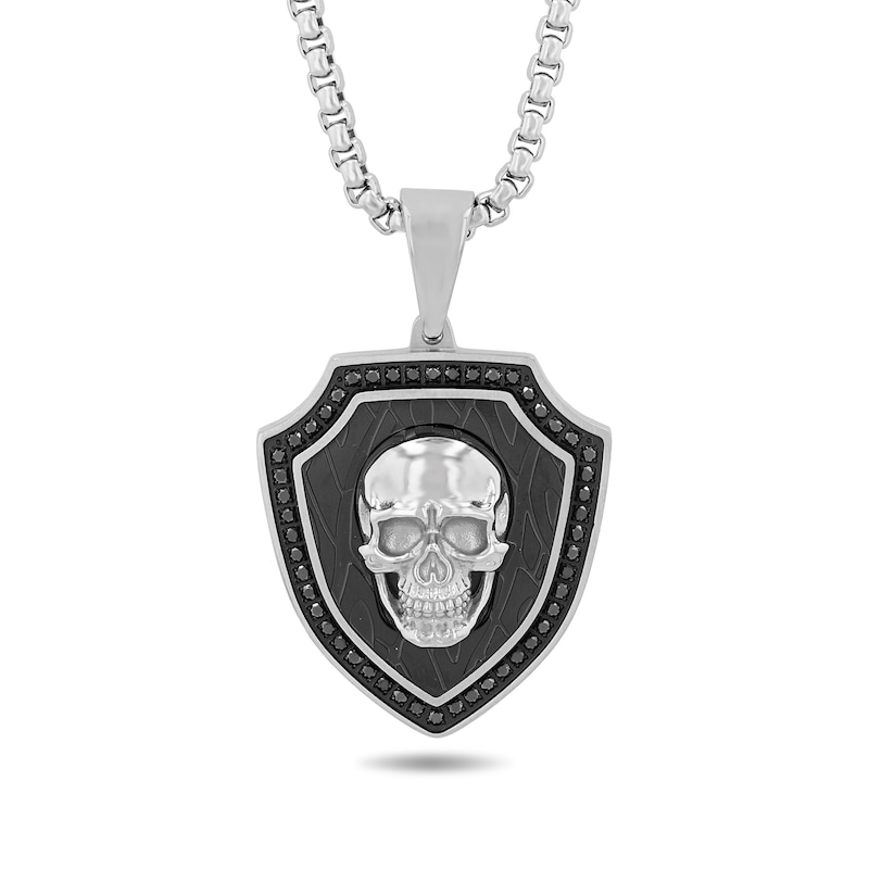 Main Image 1 of Men's 1/2 CT. T.W. Black Diamond Skull Shield Pendant in Stainless Steel and Black Ion-Plate - 24"