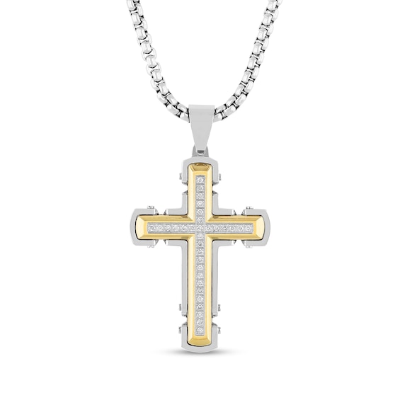 Men's 1/4 CT. T.w. Diamond Cross Pendant in Stainless Steel and Yellow Ion-Plate - 24"