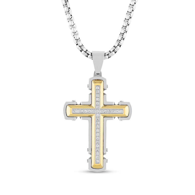 Men's 1/4 CT. T.W. Diamond Cross Pendant in Stainless Steel and Yellow Ion-Plate - 24"