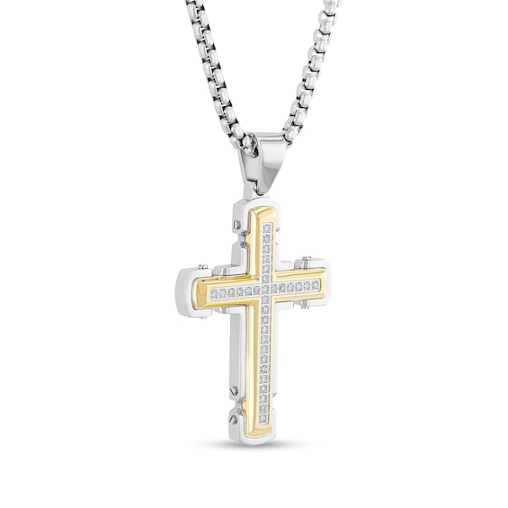 Men's 1/4 CT. T.w. Diamond Cross Pendant in Stainless Steel and Yellow Ion-Plate - 24"