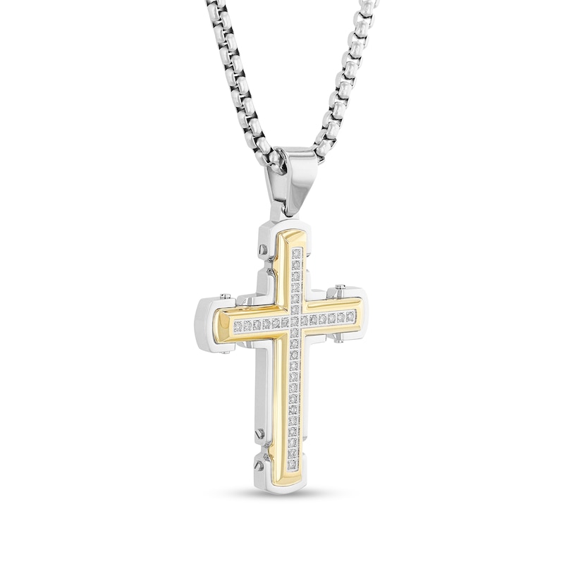 Men's 1/4 CT. T.W. Diamond Cross Pendant in Stainless Steel and Yellow Ion-Plate - 24"