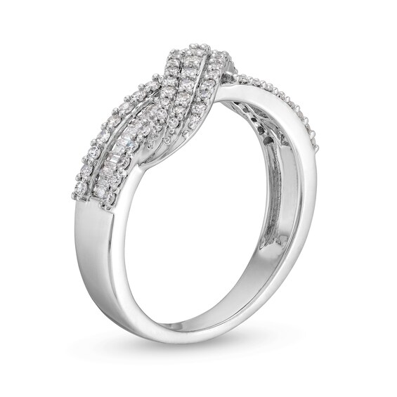 1/2 CT. T.w. Baguette and Round Diamond Edge Bypass Overlay Ring in 10K White Gold