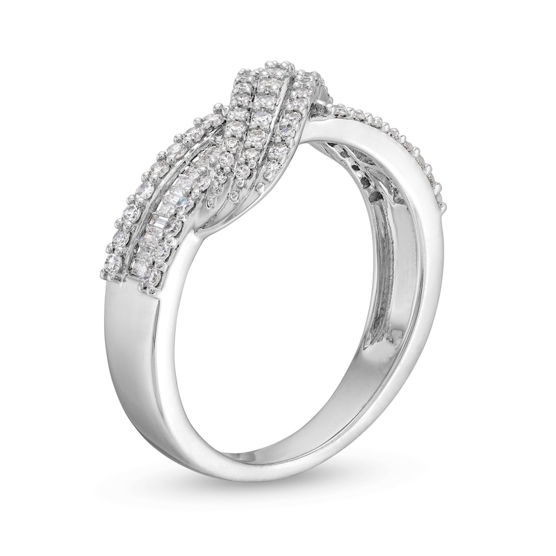 1/2 CT. T.W. Baguette and Round Diamond Edge Bypass Overlay Ring in 10K White Gold