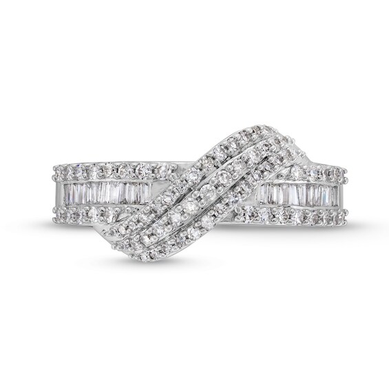 1/2 CT. T.w. Baguette and Round Diamond Edge Bypass Overlay Ring in 10K White Gold