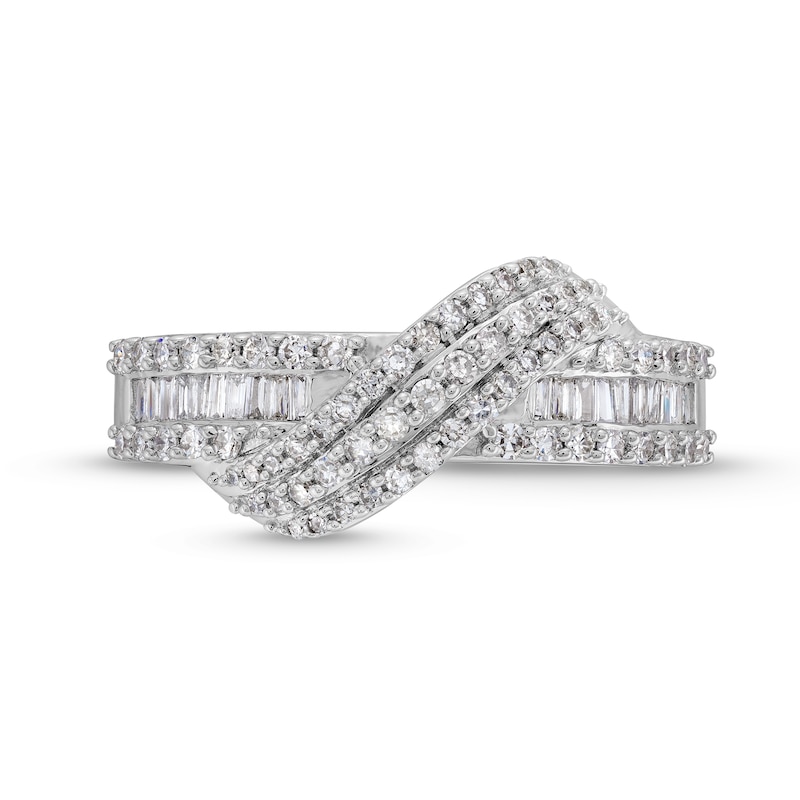 Main Image 4 of 1/2 CT. T.W. Baguette and Round Diamond Edge Bypass Overlay Ring in 10K White Gold