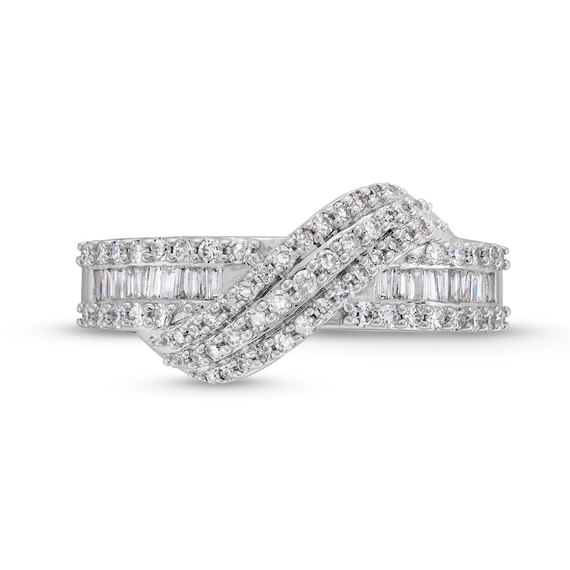 1/2 CT. T.W. Baguette and Round Diamond Edge Bypass Overlay Ring in 10K White Gold