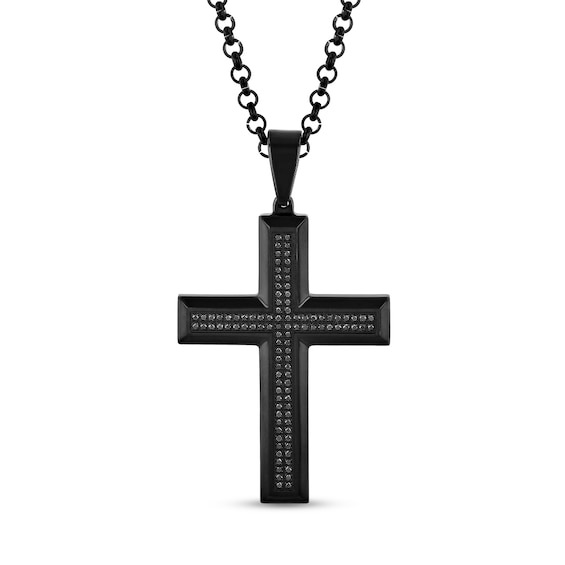 Men's 1/2 CT. T.w. Black Diamond Double Row Cross Pendant in Stainless Steel with Black Ion-Plate - 24"