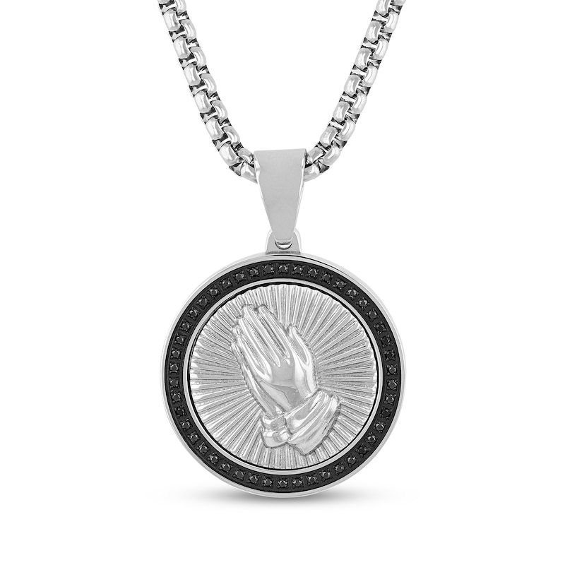 Main Image 1 of Men's 1/4 CT. T.W. Black Diamond Praying Hands Medallion Pendant in Stainless Steel and Black Ion-Plate - 24"