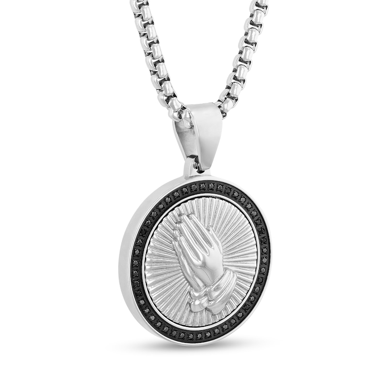 Main Image 2 of Men's 1/4 CT. T.W. Black Diamond Praying Hands Medallion Pendant in Stainless Steel and Black Ion-Plate - 24"