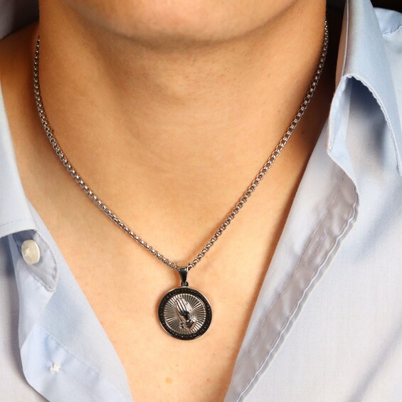 Men's 1/4 CT. T.w. Black Diamond Praying Hands Medallion Pendant in Stainless Steel and Black Ion-Plate - 24"