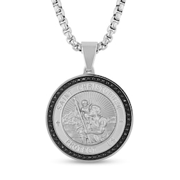 Men's 1/4 CT. T.W. Black Diamond Saint Christopher "Protect Us" Medallion Pendant in Stainless Steel and Black Ion-Plate - 24"