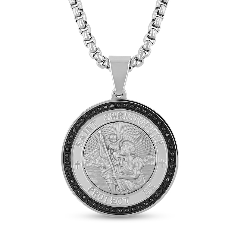 Main Image 1 of Men's 1/4 CT. T.W. Black Diamond Saint Christopher "Protect Us" Medallion Pendant in Stainless Steel and Black Ion-Plate - 24"
