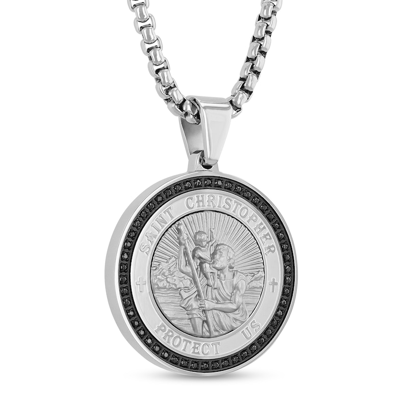 Main Image 2 of Men's 1/4 CT. T.W. Black Diamond Saint Christopher "Protect Us" Medallion Pendant in Stainless Steel and Black Ion-Plate - 24"