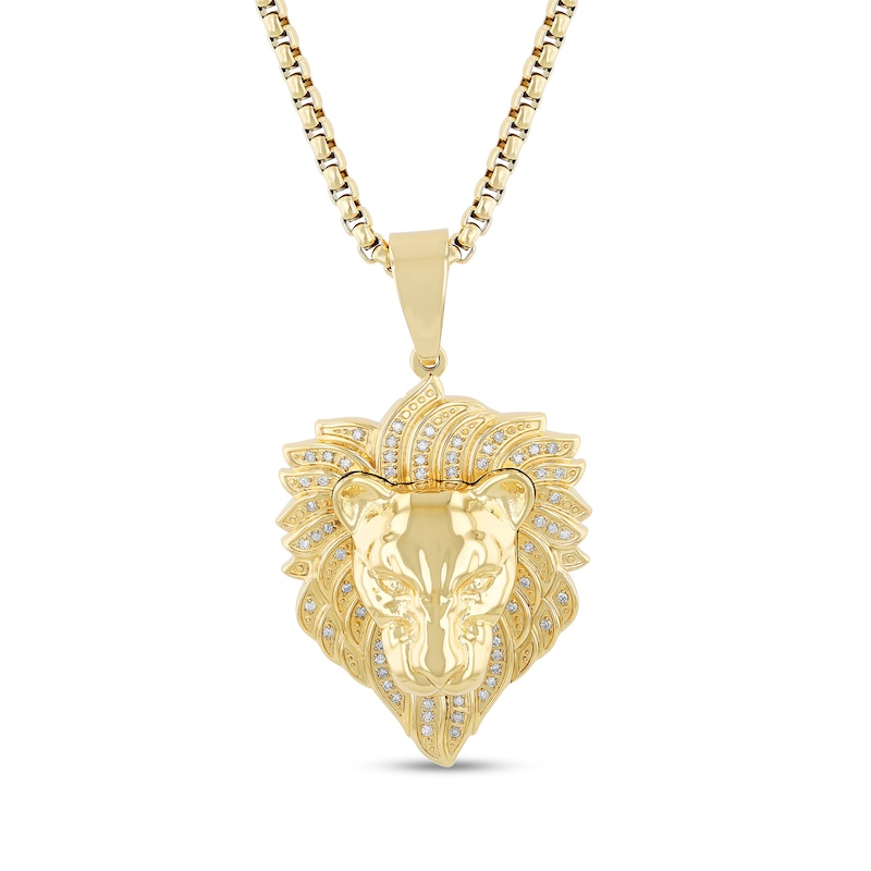 Main Image 1 of Men's 1/4 CT. T.W. Diamond Lion's Head Pendant in Stainless Steel with Yellow Ion Plate