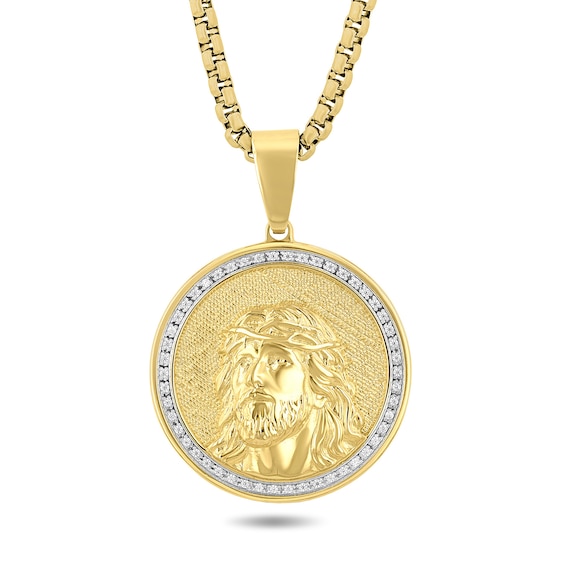 Men's 1/4 CT. T.w. Diamond Jesus Medallion Pendant in Stainless Steel with Yellow Ion Plate