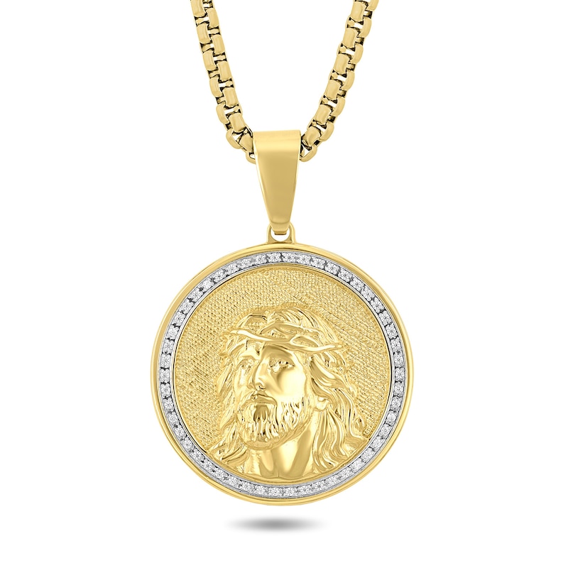 Main Image 1 of Men's 1/4 CT. T.W. Diamond Jesus Medallion Pendant in Stainless Steel with Yellow Ion Plate