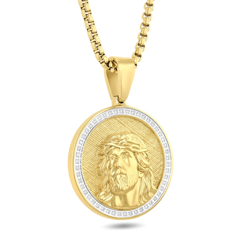 Main Image 2 of Men's 1/4 CT. T.W. Diamond Jesus Medallion Pendant in Stainless Steel with Yellow Ion Plate