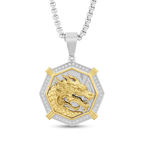 Men's 1/4 CT. T.w. Diamond Octagon Frame Dragon Medallion Pendant in Stainless Steel and Yellow Ion-Plate - 24"