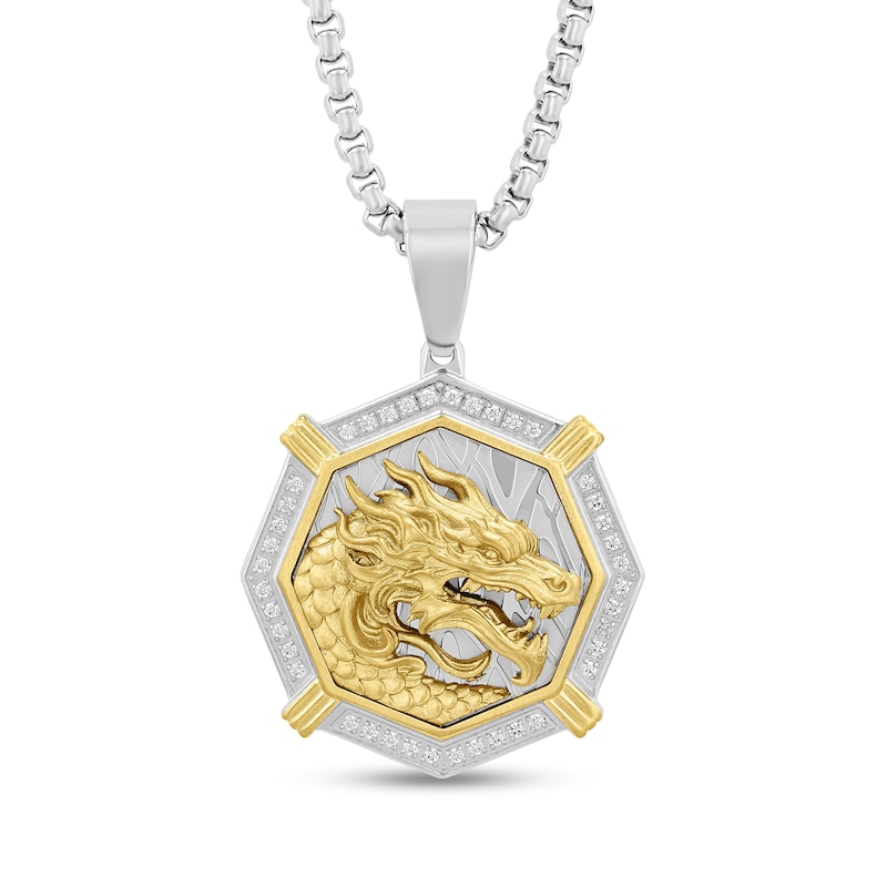 Main Image 1 of Men's 1/4 CT. T.W. Diamond Octagon Frame Dragon Medallion Pendant in Stainless Steel and Yellow Ion-Plate - 24"