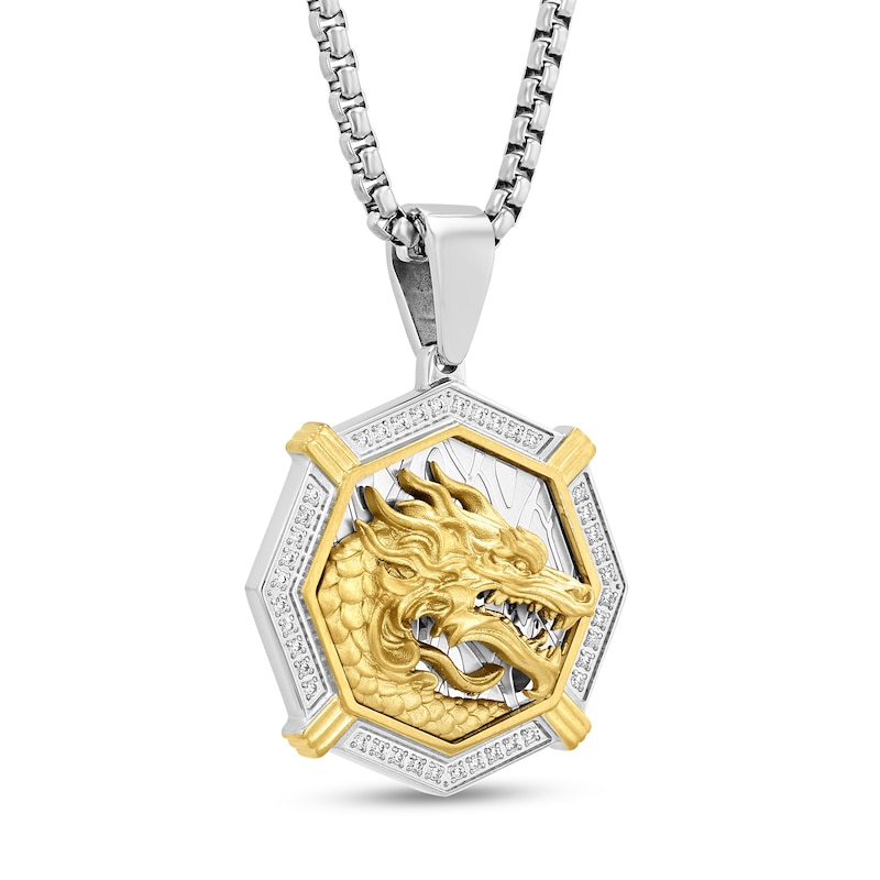 Main Image 2 of Men's 1/4 CT. T.W. Diamond Octagon Frame Dragon Medallion Pendant in Stainless Steel and Yellow Ion-Plate - 24"