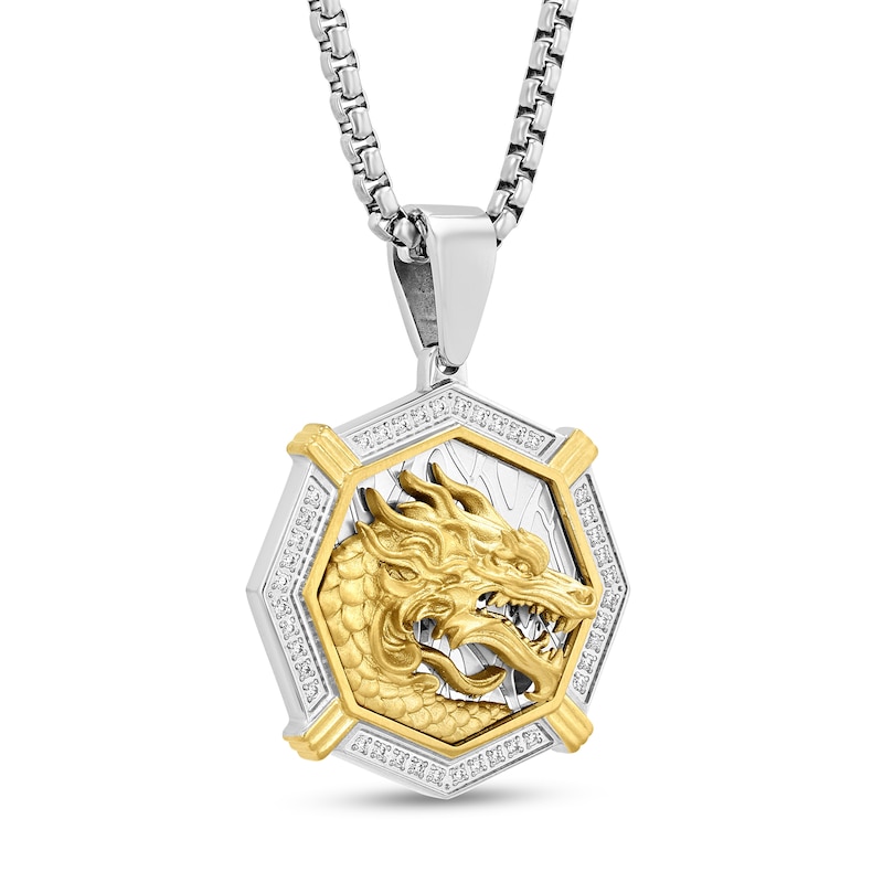 Men's 1/4 CT. T.W. Diamond Octagon Frame Dragon Medallion Pendant in Stainless Steel and Yellow Ion-Plate - 24"