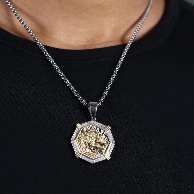 Main Image 4 of Men's 1/4 CT. T.W. Diamond Octagon Frame Dragon Medallion Pendant in Stainless Steel and Yellow Ion-Plate - 24"