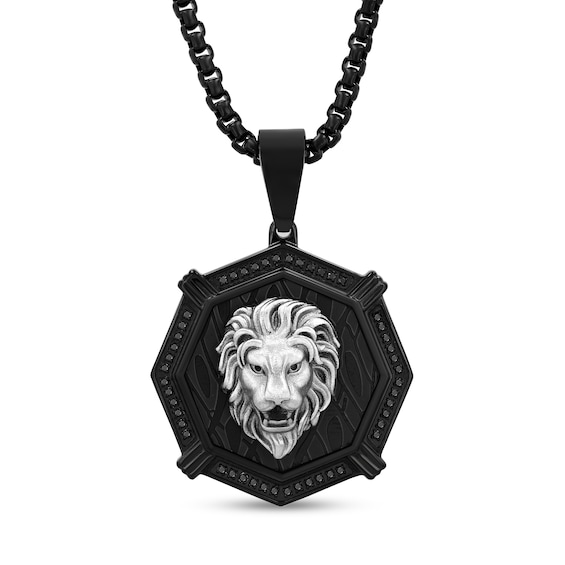 Men's 1/4 CT. T.w. Black Diamond Octagon Frame Lion Medallion Pendant in Stainless Steel and Black Ion-Plate - 24"