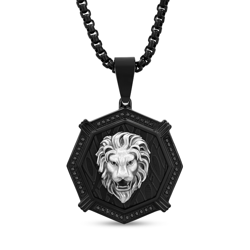 Main Image 1 of Men's 1/4 CT. T.W. Black Diamond Octagon Frame Lion Medallion Pendant in Stainless Steel and Black Ion-Plate - 24"