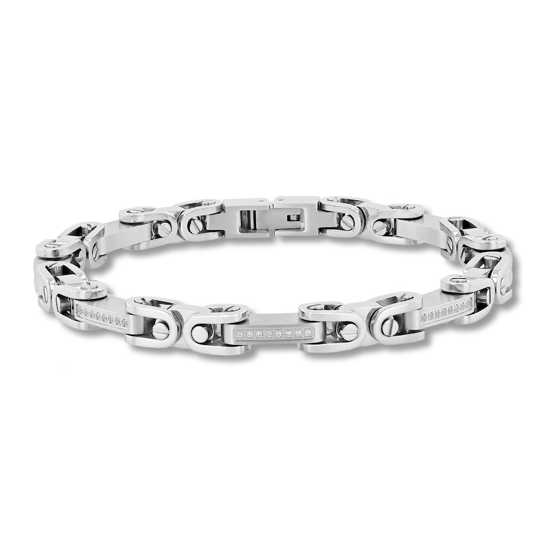 Main Image 1 of Men's 1/4 CT. T.W. Diamond Stirrup Link Bracelet in Stainless Steel - 8.5"