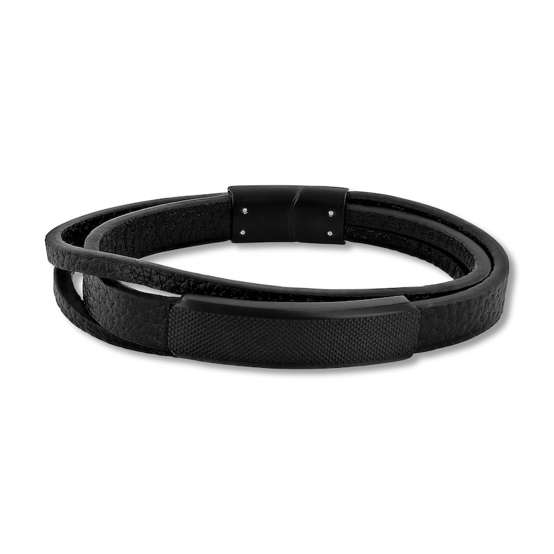Main Image 1 of Men's Textured I.D. Layered Wrap Faux Leather Bracelet with Black Ion-Plated Stainless Steel  - 8.5"
