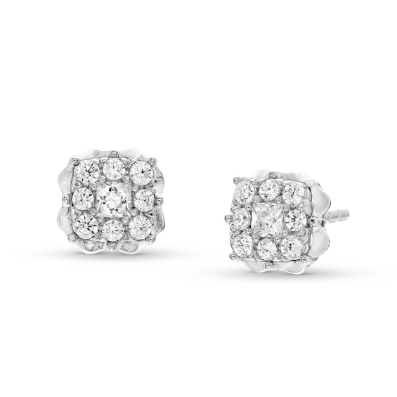 1/4 CT. T.w. Cushion Multi-Diamond Scallop Frame Stud Earrings in 10K White Gold