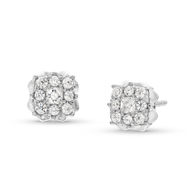 Main Image 1 of 1/4 CT. T.W. Cushion Multi-Diamond Scallop Frame Stud Earrings in 10K White Gold