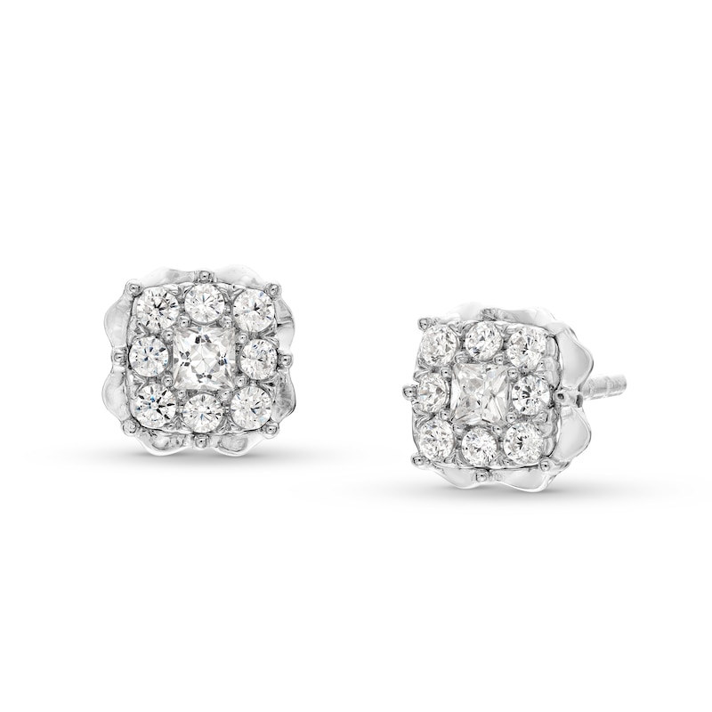 1/4 CT. T.W. Cushion Multi-Diamond Scallop Frame Stud Earrings in 10K White Gold