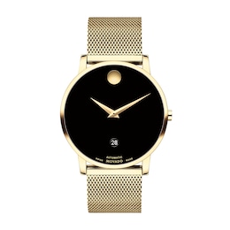 Men's Movado AUTOMATIC Museum® Classic Gold-Tone PVD Mesh Watch with Black Dial (Model: 0607632)