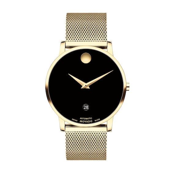 Men's Movado MuseumÂ® Classic Gold-Tone PVD Mesh Watch with Black Dial (Model: 0607632)