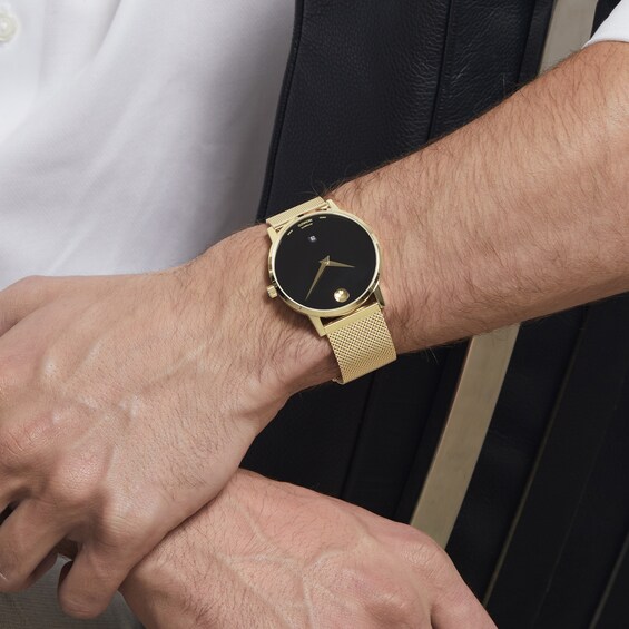 Men's Movado Automatic MuseumÂ® Classic Gold-Tone PVD Mesh Watch with Black Dial (Model: 0607632)