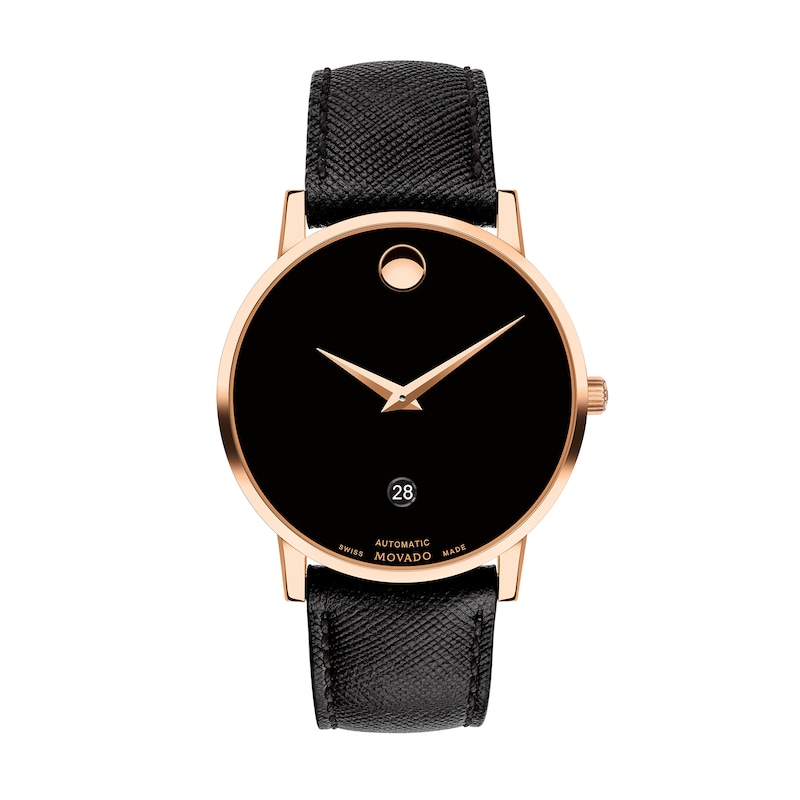 Main Image 1 of Men's Movado AUTOMATIC Museum® Classic Rose Gold-Tone PVD Black Leather Strap Watch with Black Dial (Model: 0607474)