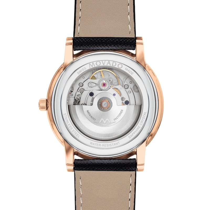 Main Image 2 of Men's Movado AUTOMATIC Museum® Classic Rose Gold-Tone PVD Black Leather Strap Watch with Black Dial (Model: 0607474)
