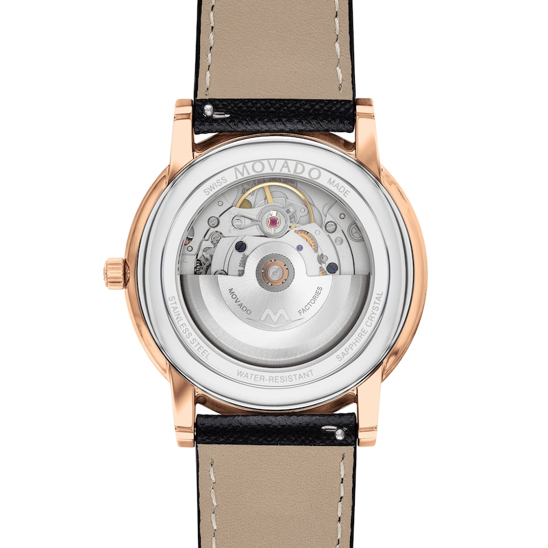 Main Image 3 of Men's Movado AUTOMATIC Museum® Classic Rose Gold-Tone PVD Black Leather Strap Watch with Black Dial (Model: 0607474)