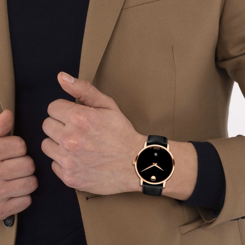 Main Image 4 of Men's Movado AUTOMATIC Museum® Classic Rose Gold-Tone PVD Black Leather Strap Watch with Black Dial (Model: 0607474)