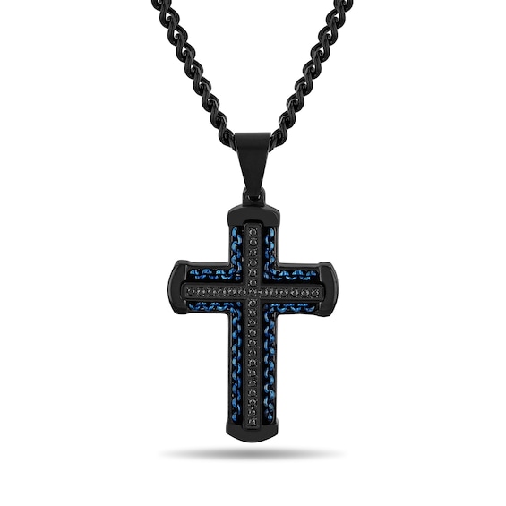 1/4 CT. T.w. Black Diamond Cross Pendant in Stainless Steel with Black and Blue Ion-Plate - 24"