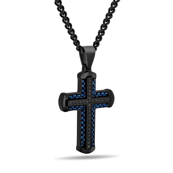 1/4 CT. T.w. Black Diamond Cross Pendant in Stainless Steel with Black and Blue Ion-Plate - 24"