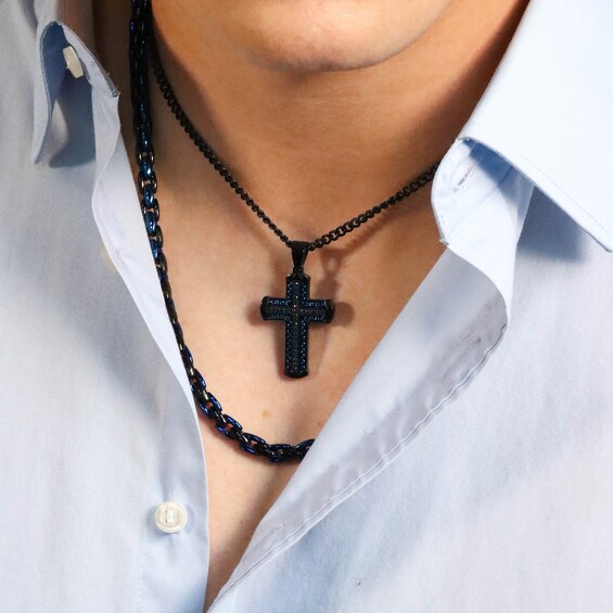 1/4 CT. T.w. Black Diamond Cross Pendant in Stainless Steel with Black and Blue Ion-Plate - 24"