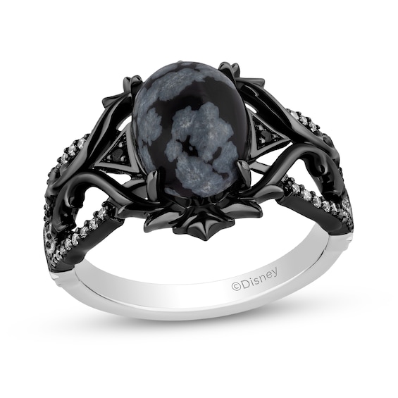 Enchanted Disney Villains Maleficent Oval Obsidian and 1/6 CT. T.w. Diamond Thorns Ring in Sterling Silver - Size 7