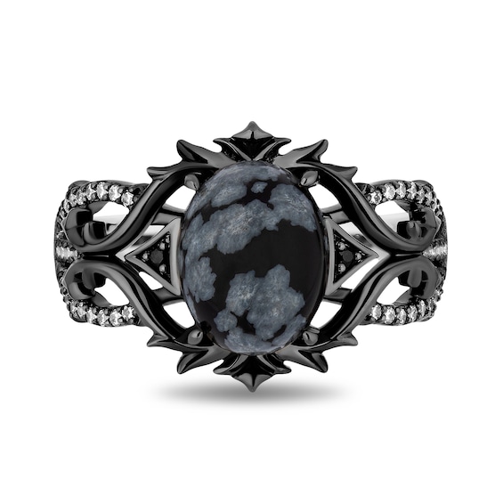 Enchanted Disney Villains Maleficent Oval Obsidian and 1/6 CT. T.w. Diamond Thorns Ring in Sterling Silver - Size 7