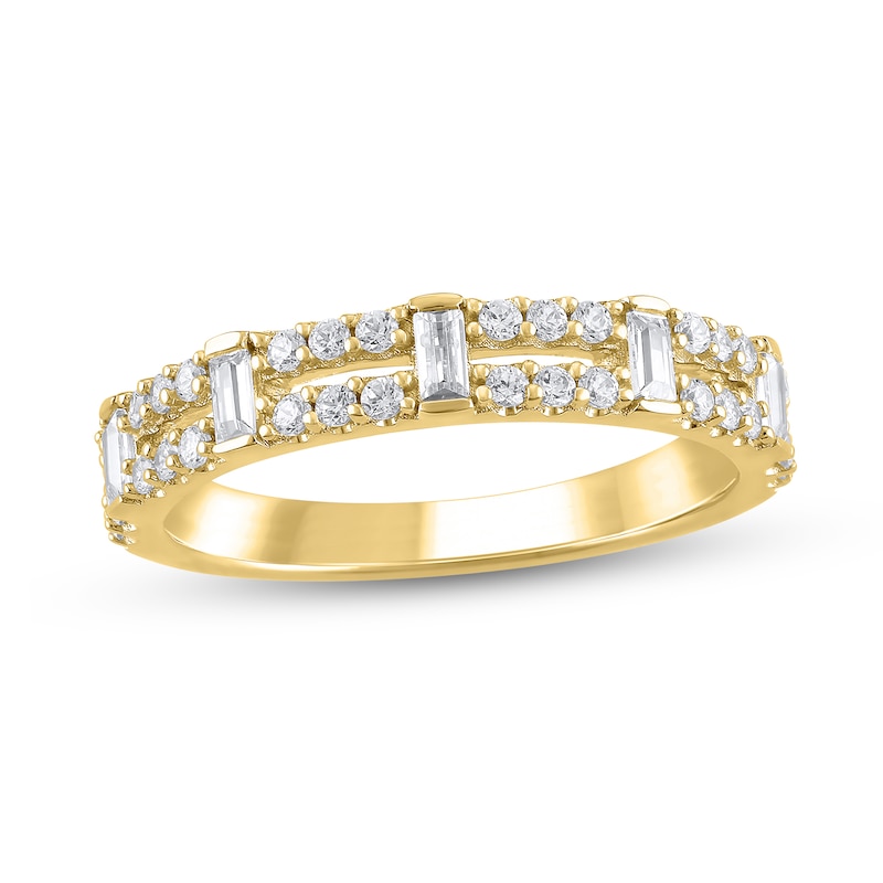 Main Image 1 of 1/2 CT. T.W. Baguette-Cut Diamond Station Double Row Split Shank Ring in 14K Gold