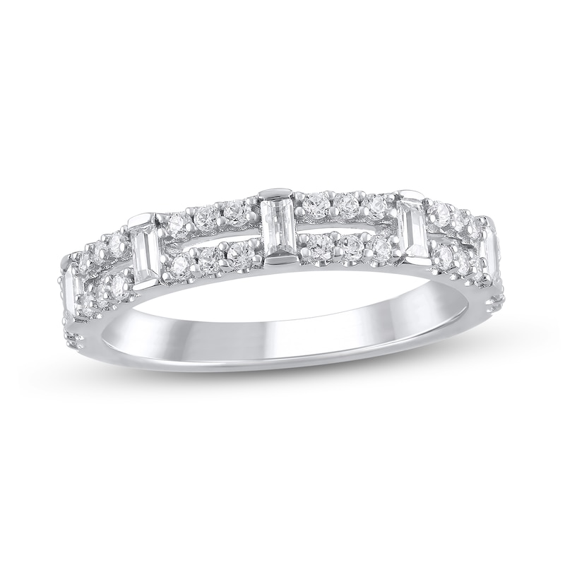 Main Image 1 of 1/2 CT. T.W. Baguette-Cut Diamond Station Double Row Split Shank Ring in 14K White Gold