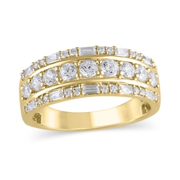 1 CT. T.W. Baguette and Round Diamond Triple Row Band in 14K Gold